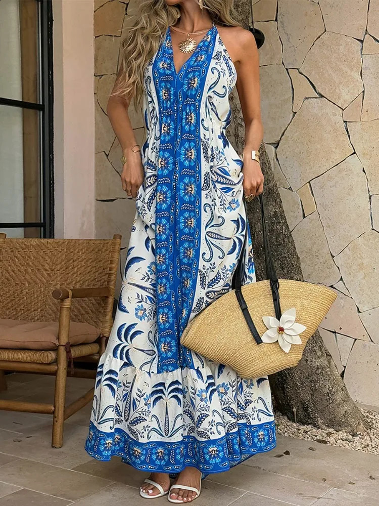 Women Halter Neck Floral Print Maxi Dress Sleeveles Backless Tie Back High Waist A Line Ruffle Hem Beach Vacation Casual Outfits 260625