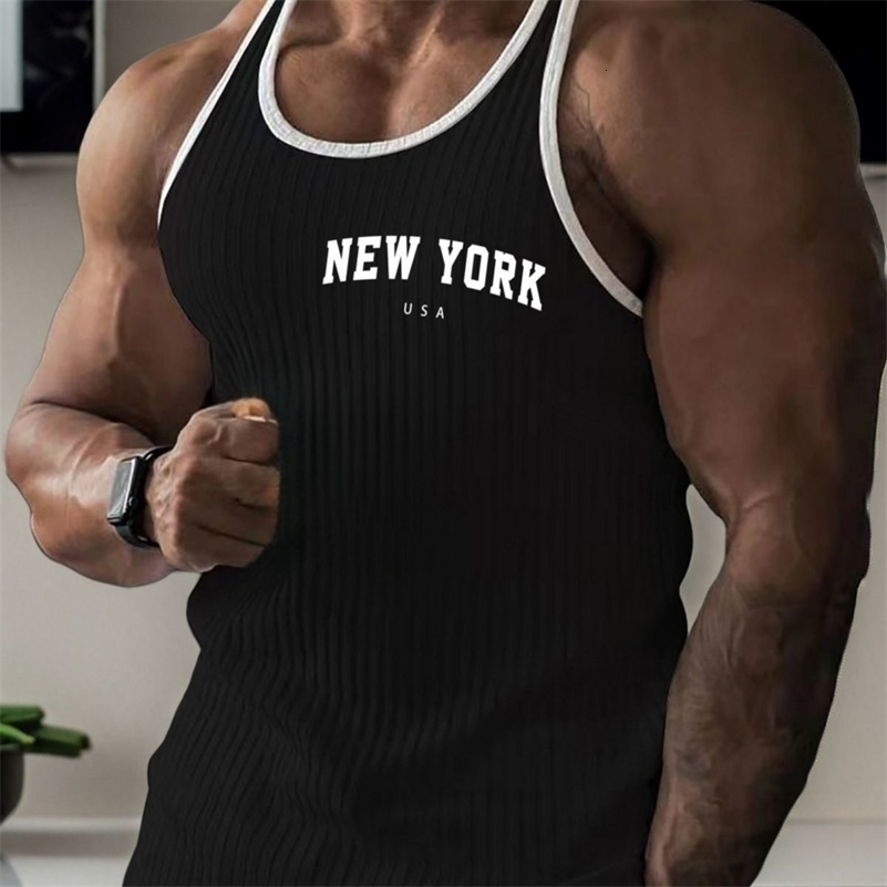 Summer European and American trendy mens fitness veststriped sports training styleslim-fitting casual vestwith letter printing 260625