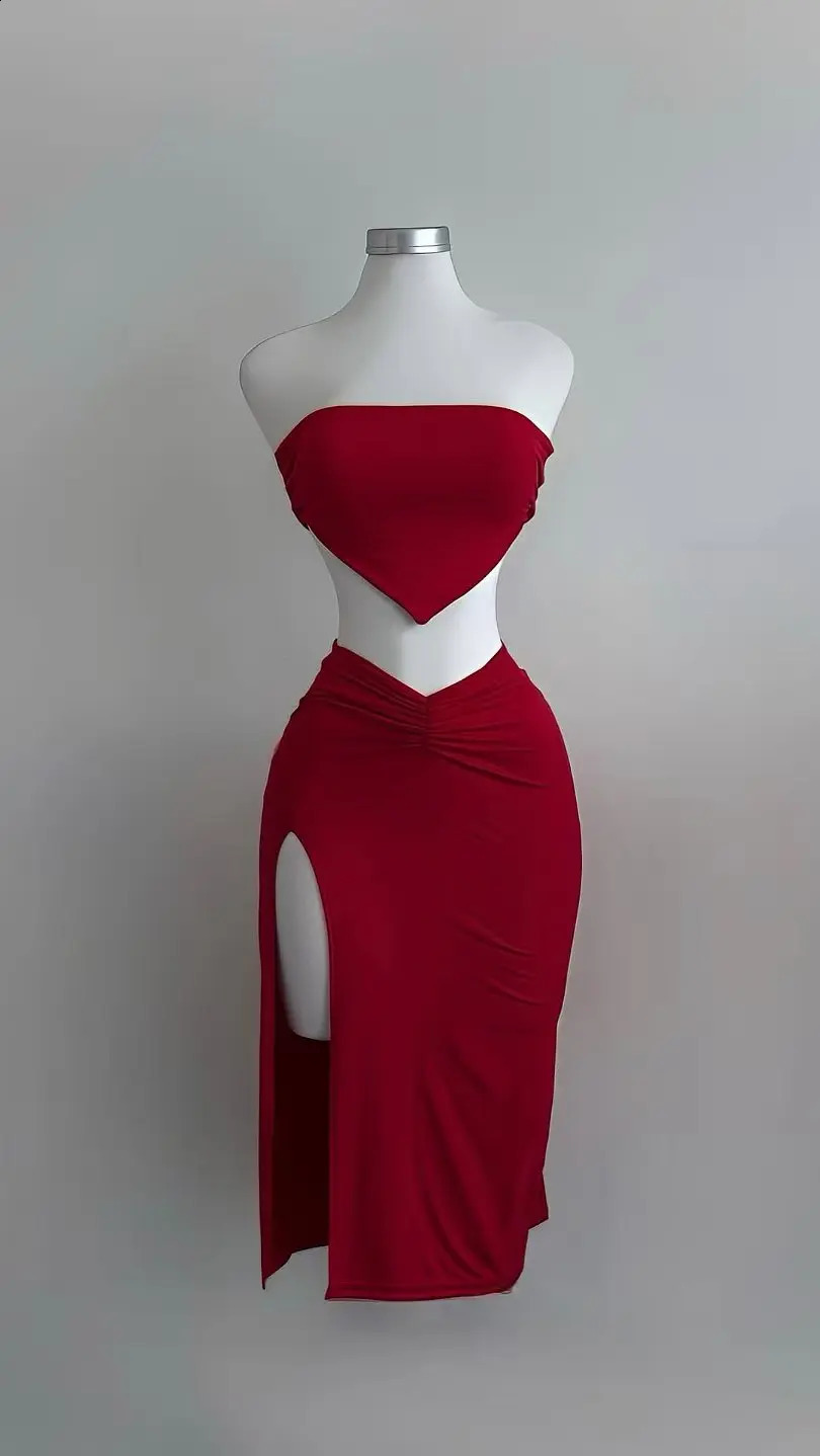 The summer womens sexy slit strapless solid color half skirt fashion set 260625