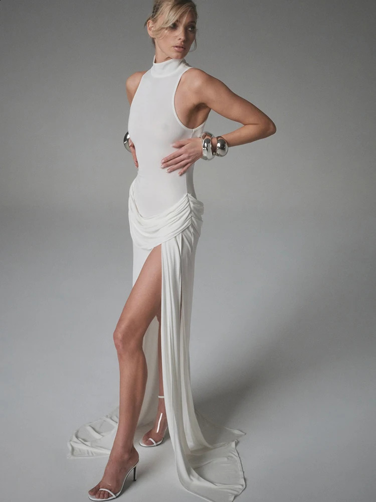 JULISSA MO Sexy High Slit Turtleneck Women Maxi Dress White Sleeveless Waist Femme Summer Slim Elegant Party Clubwear 260617
