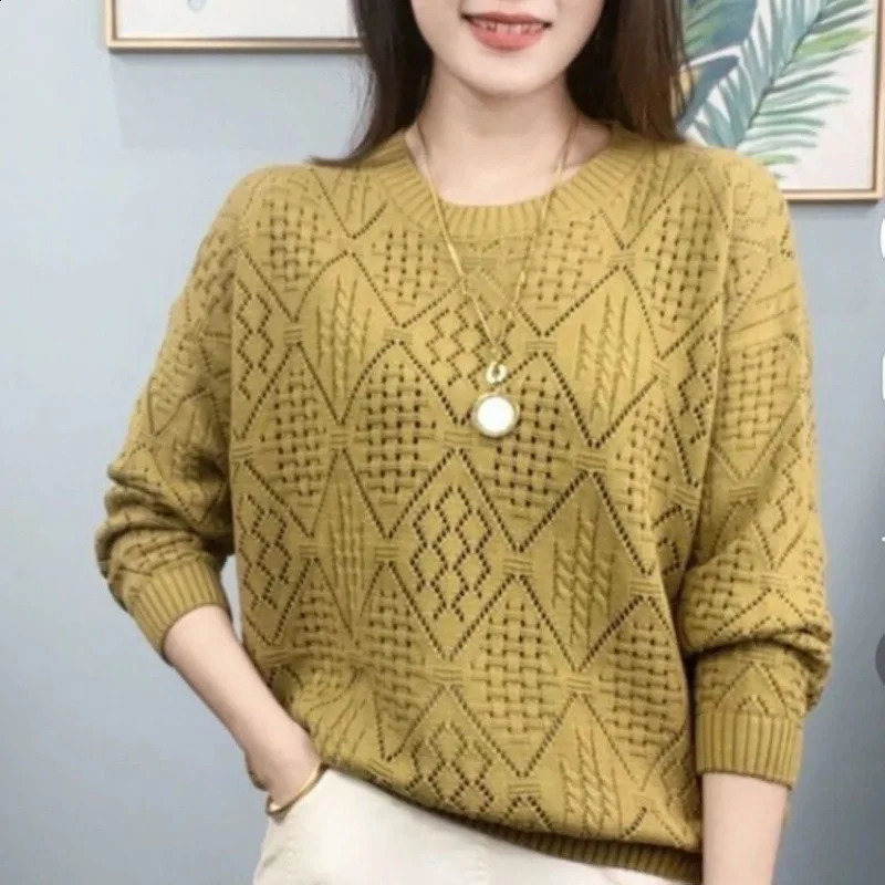 Hollow Knitted Sweater Womens Spring Clothing Fashionable Foreign Loose and Thin Versatile Long-sleeved Top Pullover 260626