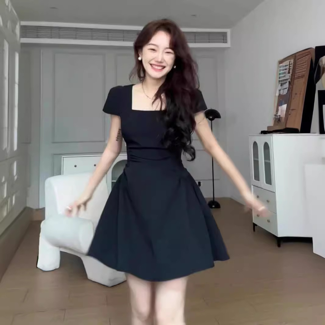 Q0460 summer new high waist thin square neck black dress niche design short skirt