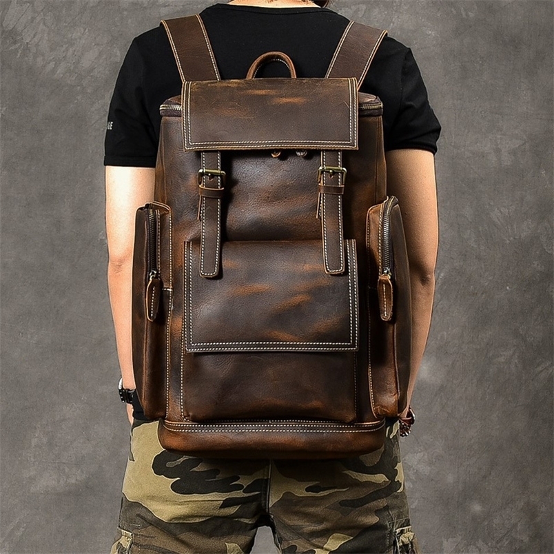 Vintage Crazy Horse Genuine Leather Backpack Men Bagpack Climbing Rucksack male Large Hiking M814 y260615