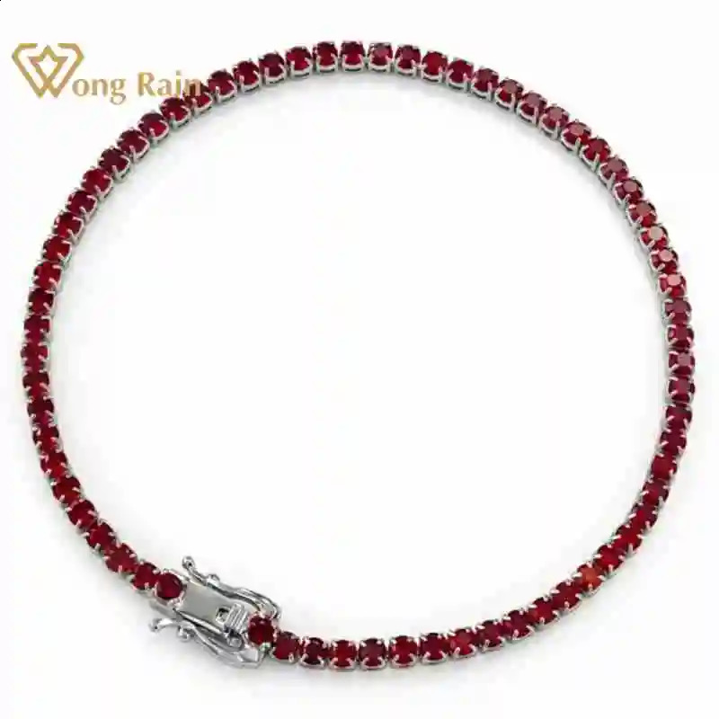 Wong Rain 100 925 Sterling Silver 2MM Round Cut Ruby Gemstone Tennis Chain Bracelets Bangle for Women Fine Jewelry Wholesale 260626