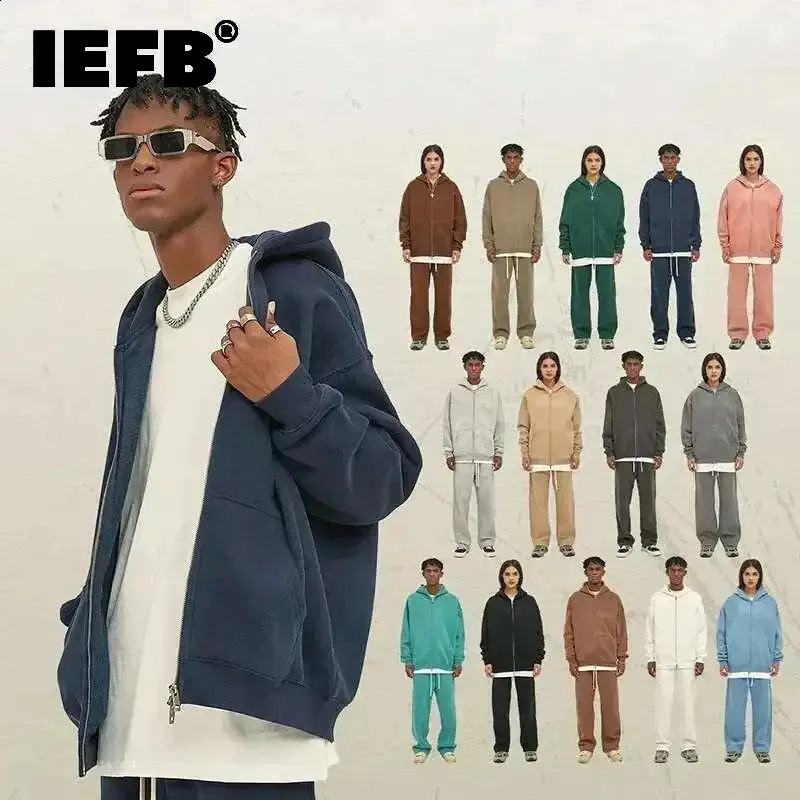 IEFB Mens Wear Male Hoodies Solid Color Winter Spring Fashion Velvet Double Head Zippers Cardigan Loose Sweatshirt 9C9351 260625