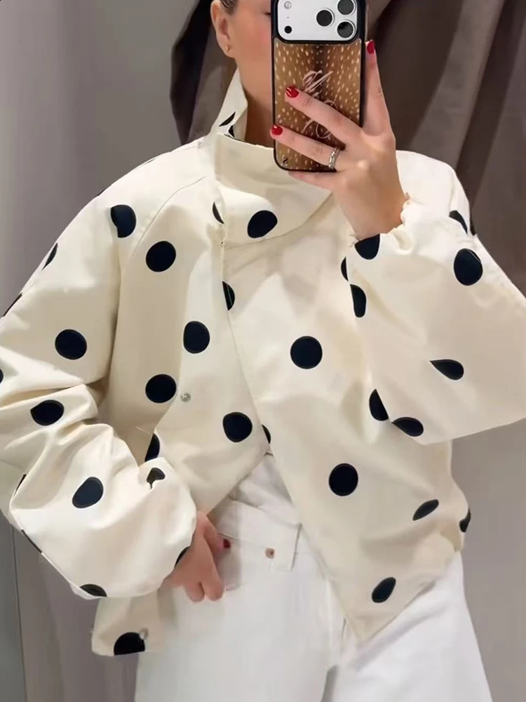 TFMLN Women Retro Polka Dot Printed Bomber Jacket Stand Collar Oversized Streetwear Spring Casual Trendy Outerwear 260625