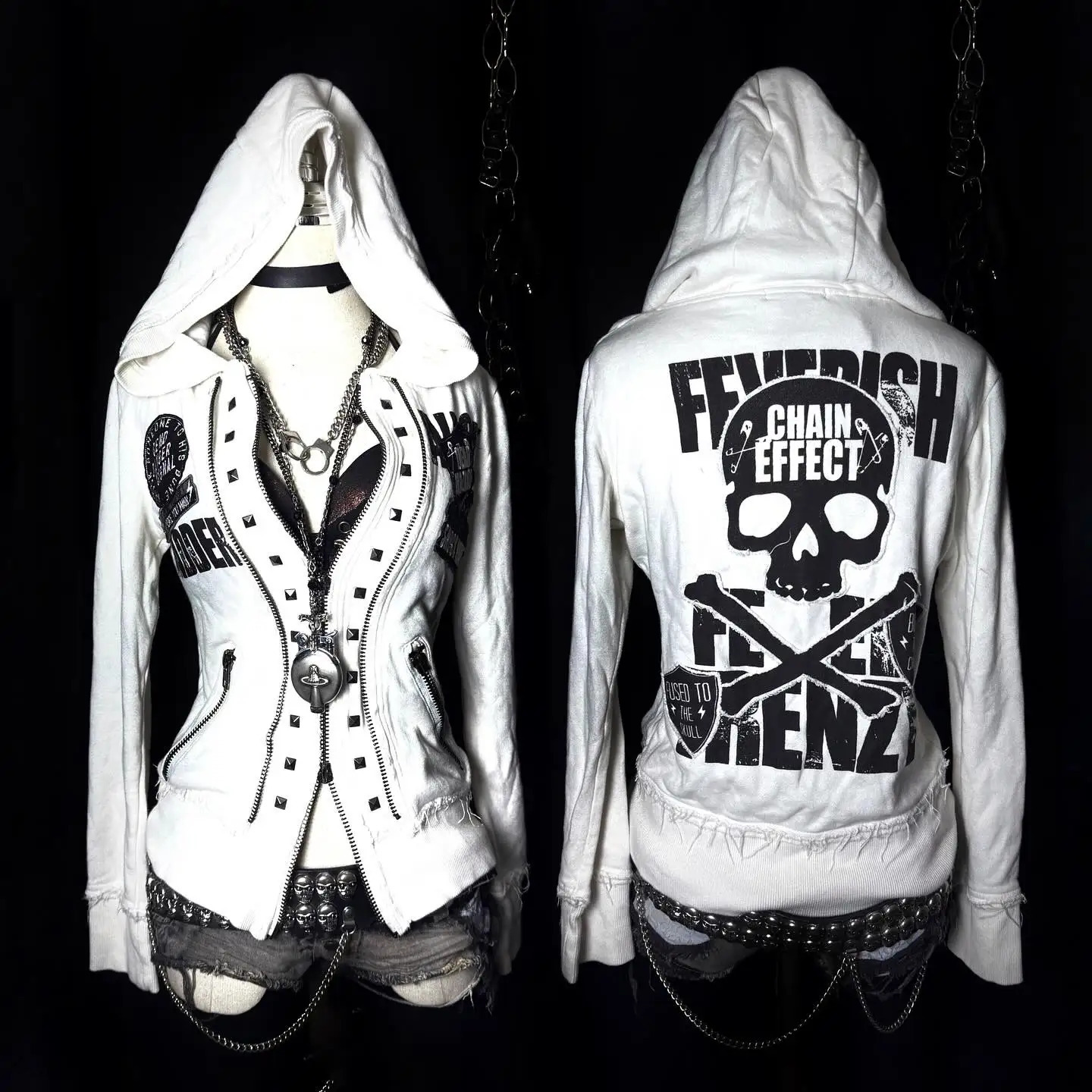 Y2K Gothic Emo Slim Fit Sweatshirt Rivet Zipper Hoodie Harajuku Vintage Skull Graphic Print White Womens Autumn Winter Jacket 260626
