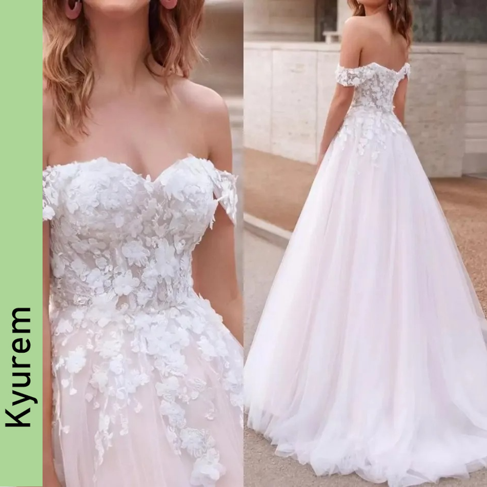 A-Line 3d Flowers Wedding Dresses Elegant Off Shoulder Backless Lace Appliqued Long Bridal Gowns Summer Garden Beach Boho Robe De Mariage