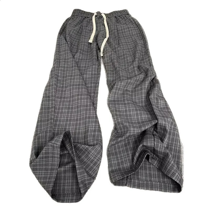 Mens Trousers Gray Plaid Pants Summer Thin Loose Casual American Style Wide Leg Straight Fit Breathable Trousers 260625