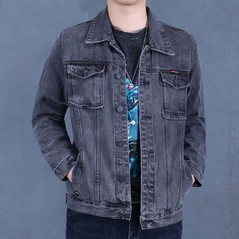Grey Denim Jacket Men's Large Size Loose Trendy Workwear Autumn Winter High Wear Resistant Coat Youthful Energy Style Long Sl... W260626