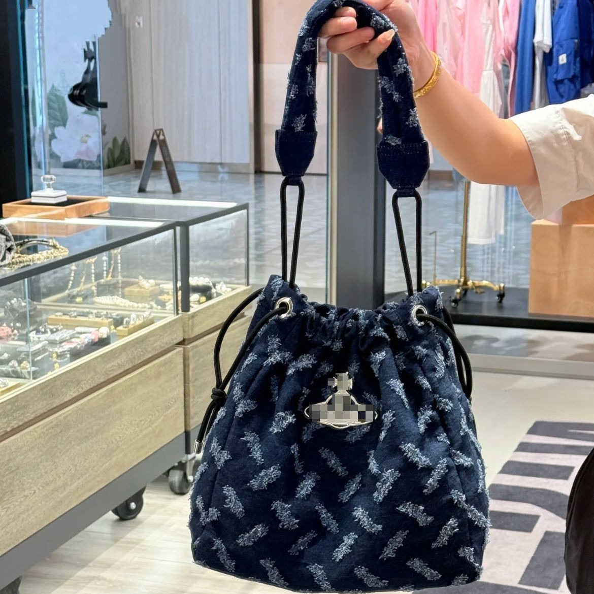Saturn Denim Bucket Bag Women's New Drawstring Portable Shoulder Armpit Bag