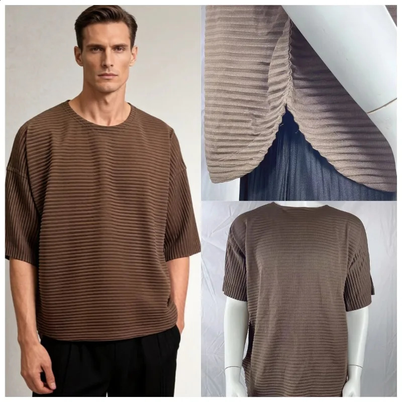 Miyake Horizontal Pleat n T-Shirt Short Sleeve Mens T-Shirt Top Summer Horizontal Striped Loose Casual Business Casual 260625