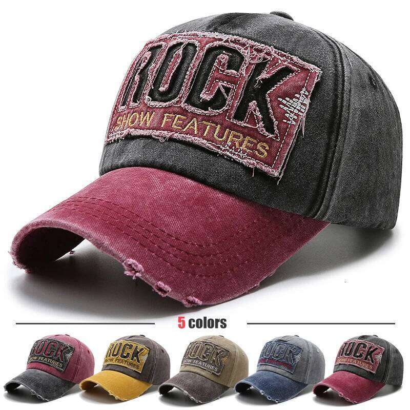 ROCK Letters Embroidered Patch Ripped Brushed Washed Distressed Design Style Unisex Cotton Adjustable Baseball Cap W260626