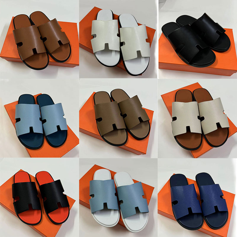 with box H designer mens sandals men slippers slides luxury leather flat flip flop Brown summer beach casual sandal slipper sliders big size 37-46