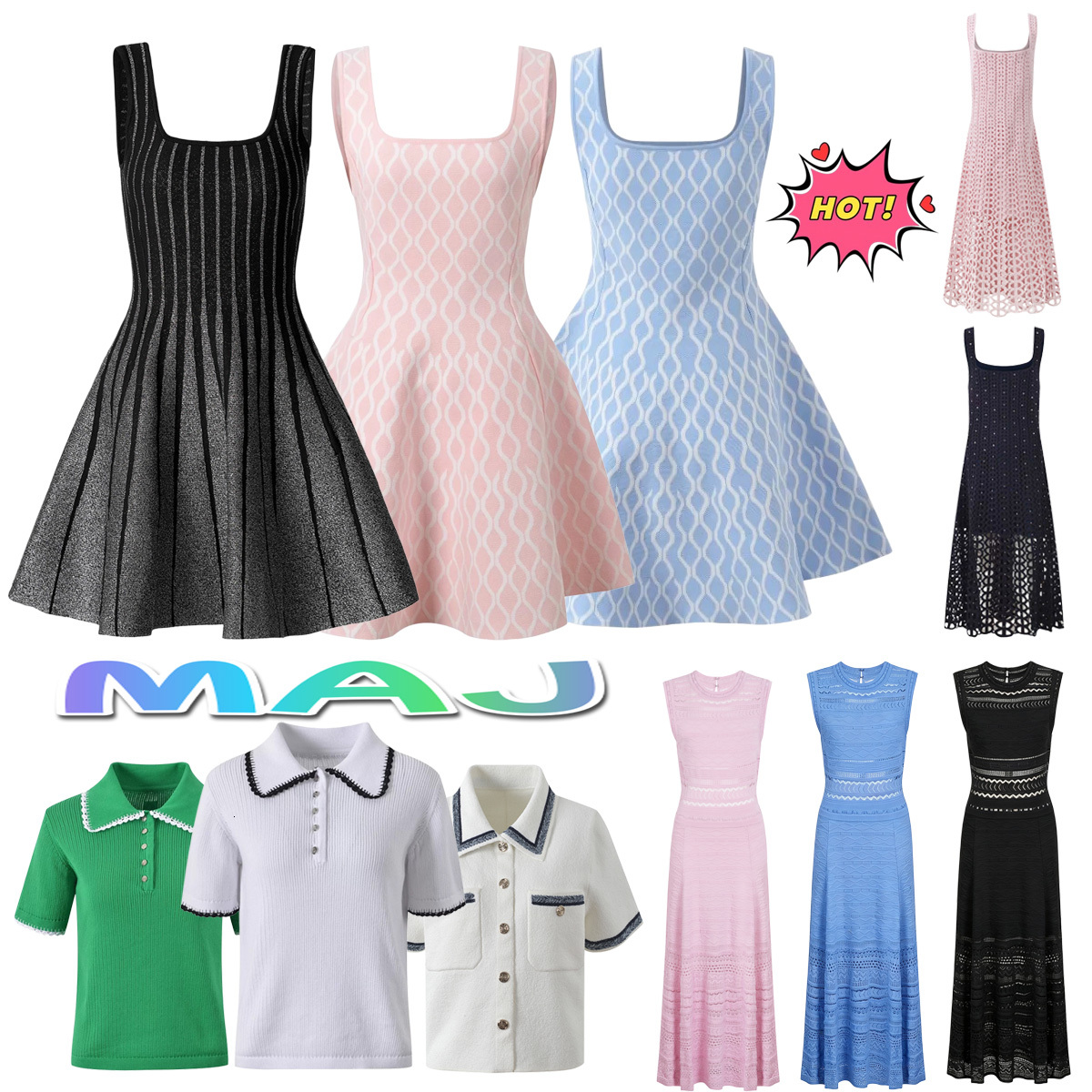 Luxury Designer Maje Women Sleeveless Square Neck Knit A Line Mini Dress Slim Waist Flared Hem Elegant Office Wedding Daily Office Lady