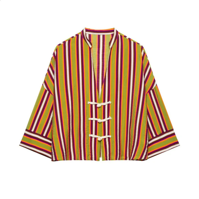 HipSeam Womens Striped Shirt with Frog Fastening Summer Casual V-Neck Wide Sleeve Blouses Female Loose Holiday Tops 260625