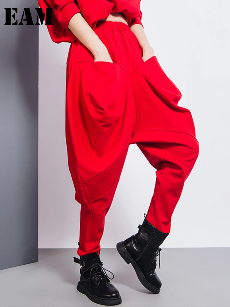 EAM Big Pockets Spliced Irregular High Waist Harem Trousers Loose Fit Pants Women Fashion Spring Autumn 2026 1DD2684 260622