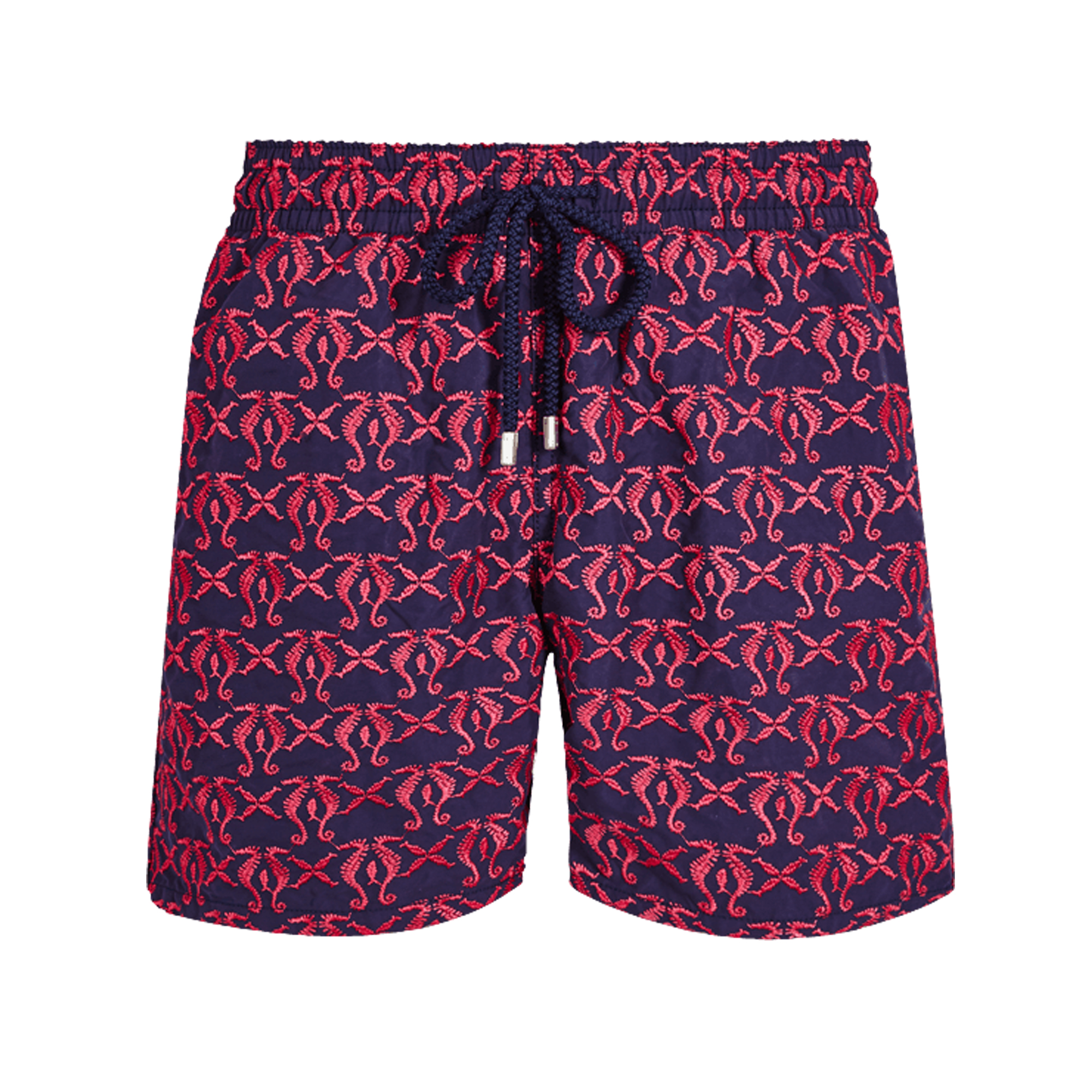 Men's Red Seahorse Print Swim Trunks Quick Dry Beach Shorts Navy Blue Elastic Waist Drawstring for Summer Vacation