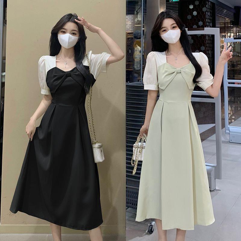 Q0462 large size dress summer dress new French bow splicing fat mm temperament medium and long dress