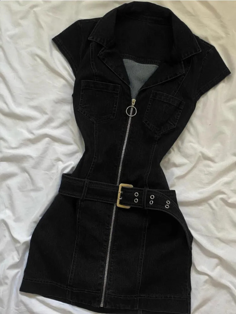 American Retro Black Denim Short Dress Women Summer Zipper Elegant Slim One Piece Korean Fashion n Casual Clothing 260625