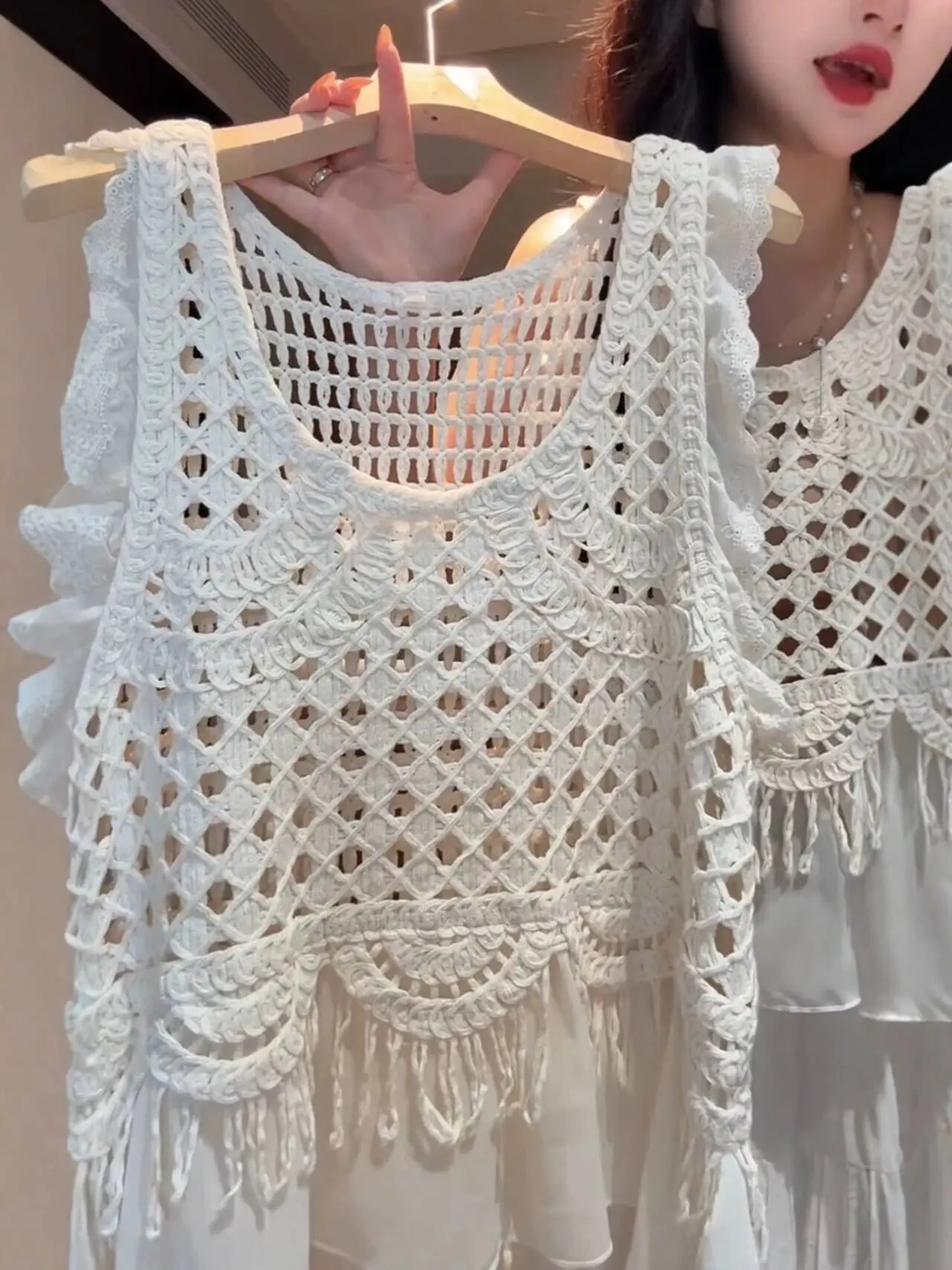Summer Vacation Style Hollow out Loose Tank Top Womens Knitted Layering Shirt Cotton Regular Fit Sun Protection Tops J163 260618