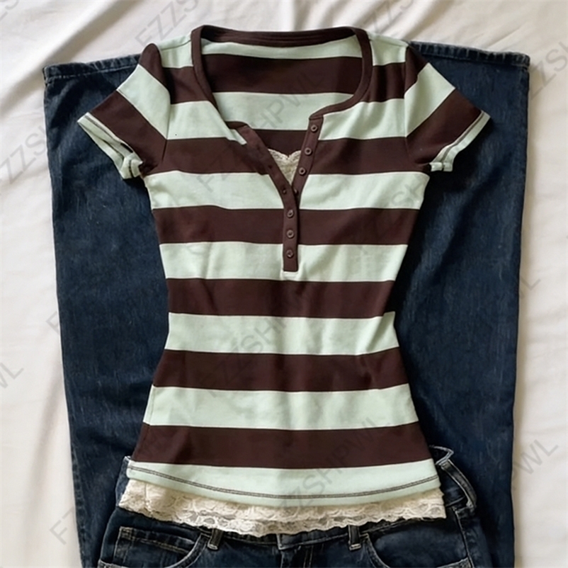 Vintage Y2K Womens Crop Top Casual Slim Chic Faux Two-Piece Color-Blocked Short Sleeve Shirts Spring Summer Striped Streetwear 260625