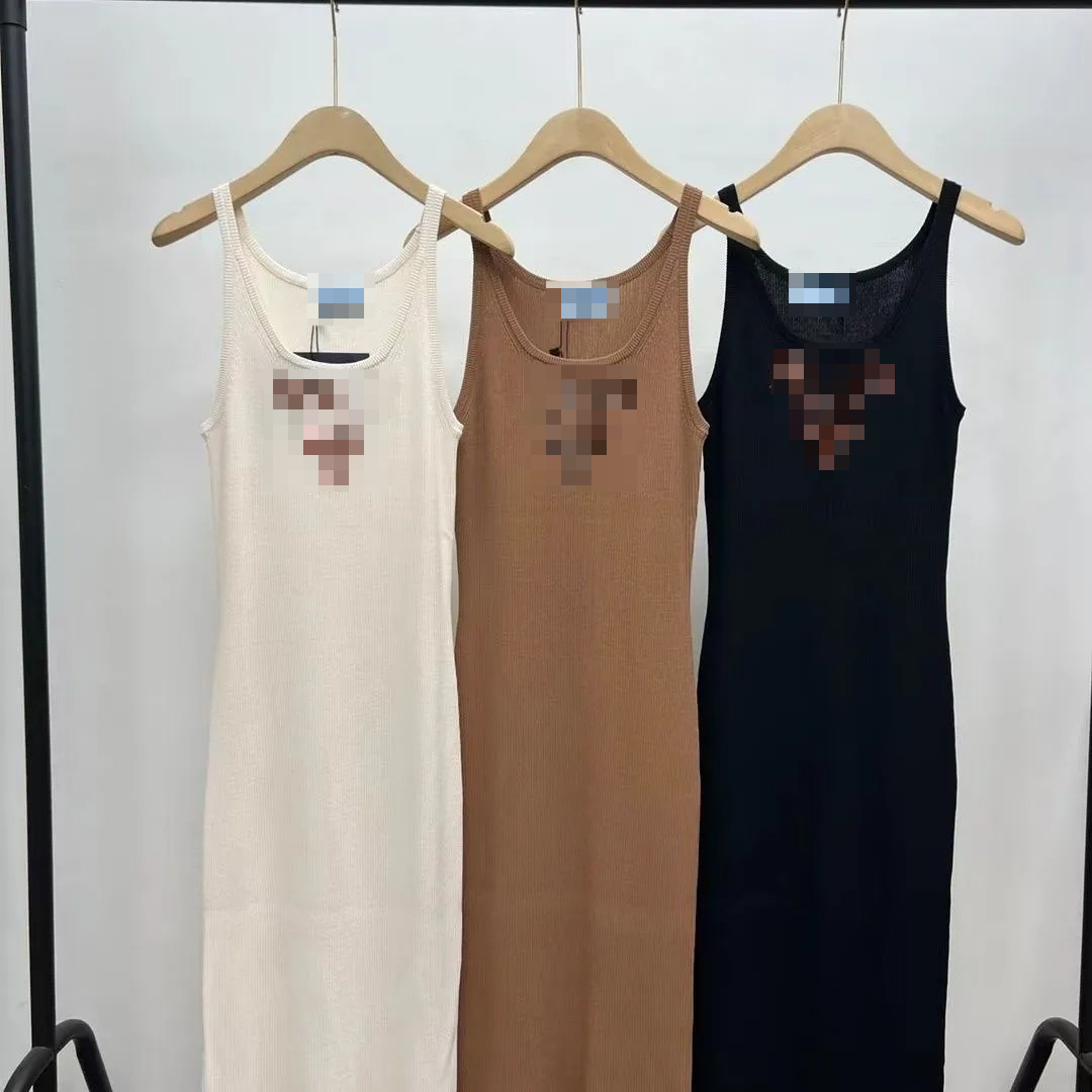 Designer Triangle Dress Spring Dress for Women Ribbed Knit Tank Dress Sleeveless Slim Fit Bodycon Maxi Dress Letter Print Summer Casual Long Dress S
