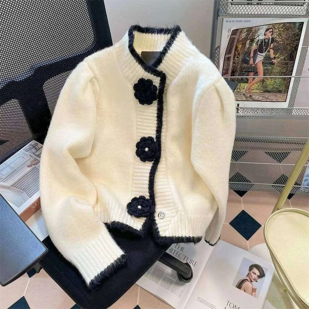 Designer Pull Femme Tops Vintage Black Knitted Cardigan Flower Sweater Women Y2k Autumn Winter Feminino Jacket Slim Knit