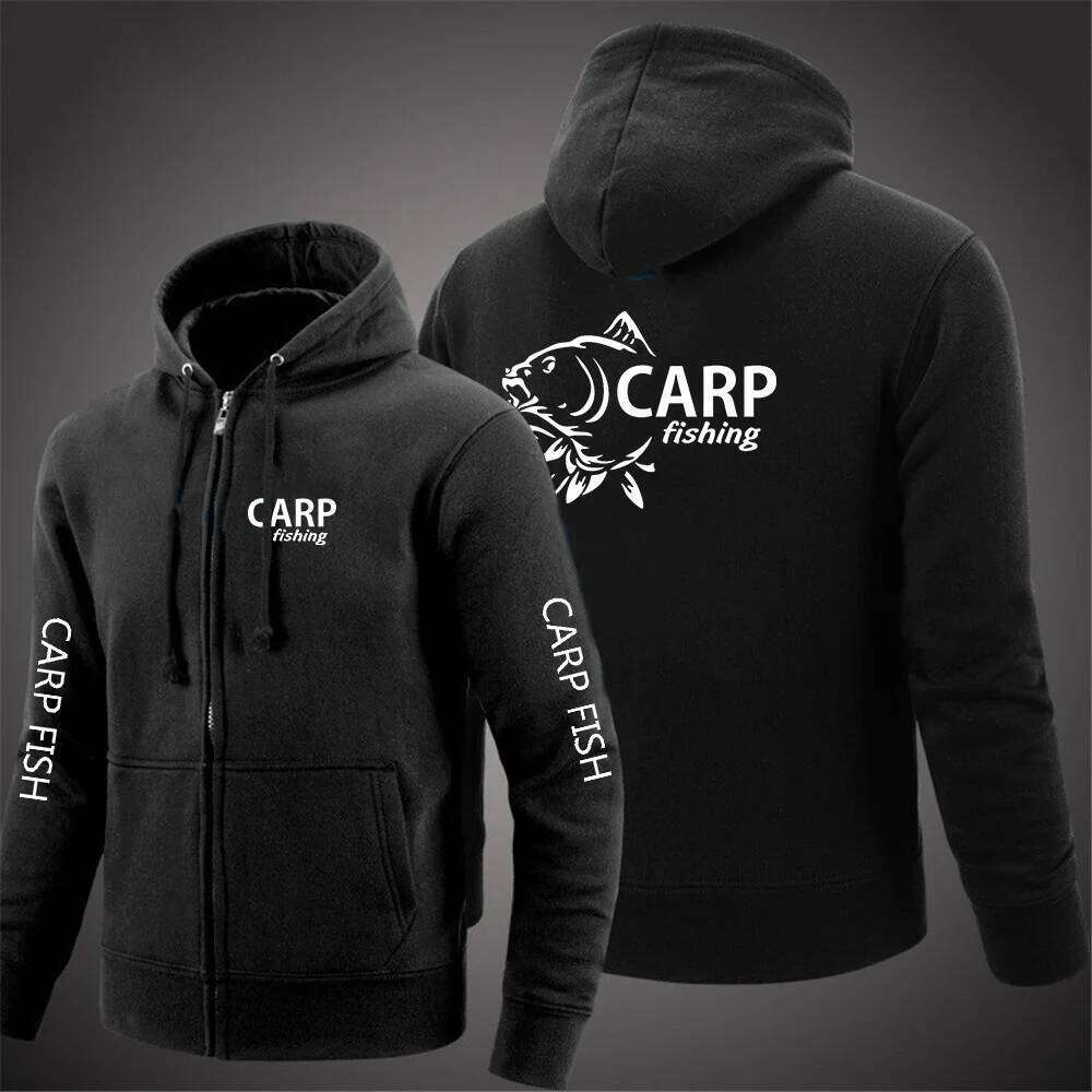 2024 New Carp Fishing Printing Men's Solid Color Zipper Hooded Long Sleeve Jacket Casual Harajuku Sweatshirt Pullover Tops W260626