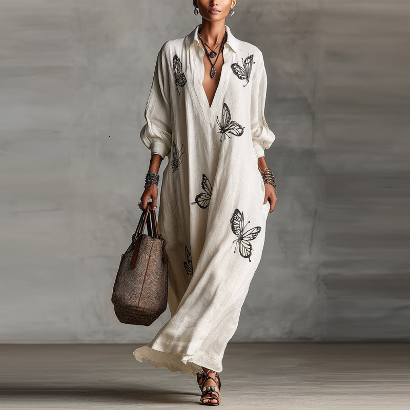 Women's Deep V-Neck Casual Maxi Dress, Loose Empire-Waist Polyester V-Neck Dress with Short Lantern Sleeves, Butterfly Tie-Dye Print, Split Hem - Lo