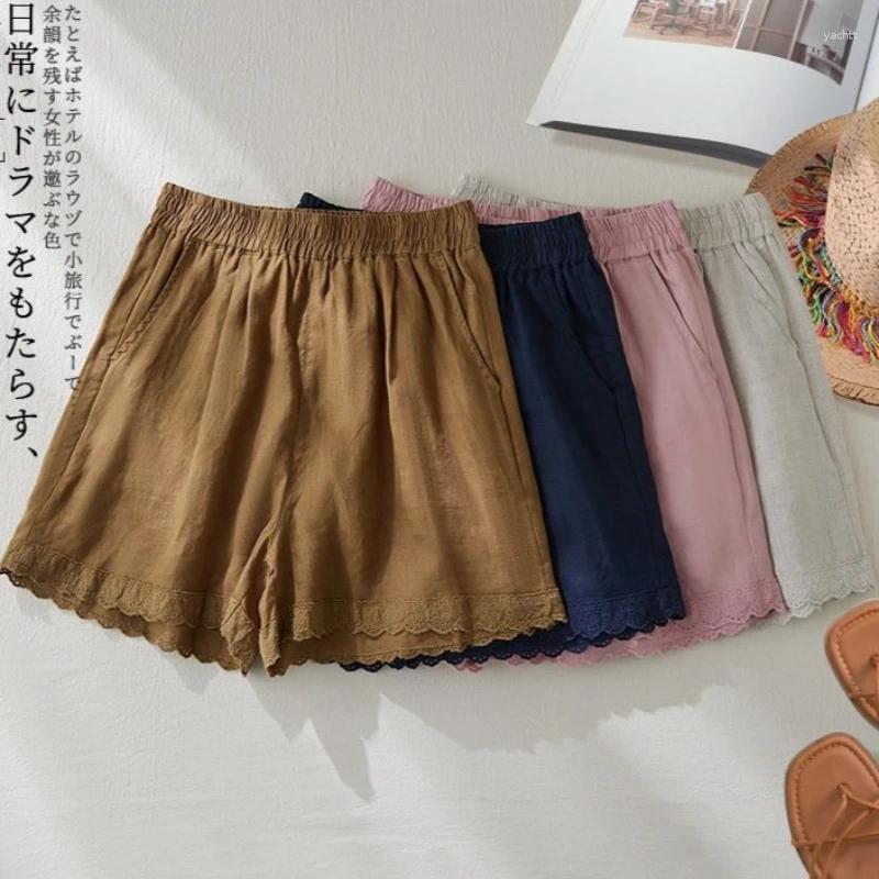 Women's Shorts Summer Linen-Cotton For Women Comfortable Breathable Casual Wide-Leg Retro Elastic Waist Loose Fit