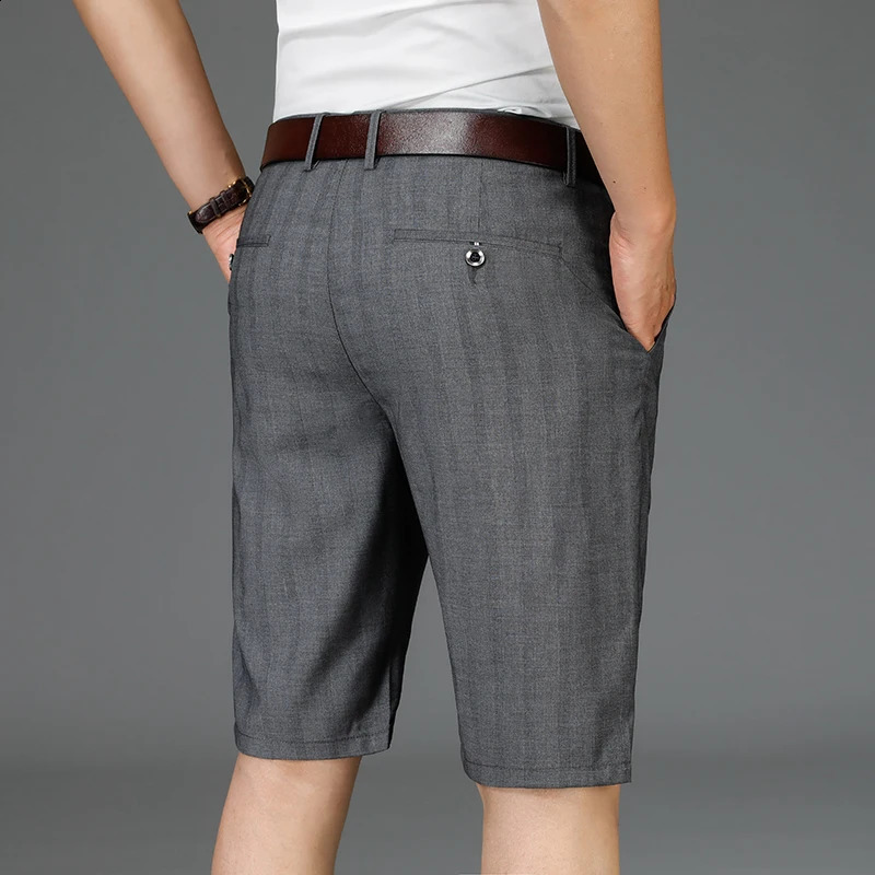 Summer Thin Mens Suit Shorts Fashionable Vertical Striped Business Knee-length Pants Loose Casual Dark Gray Mid-pants 260625BJ