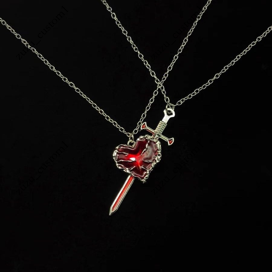 Cross-Border European and American New Style Sword Love Couple Necklace Pair Personality Liquid Heart-Shaped Peach Heart Pendant Collarbone Chain