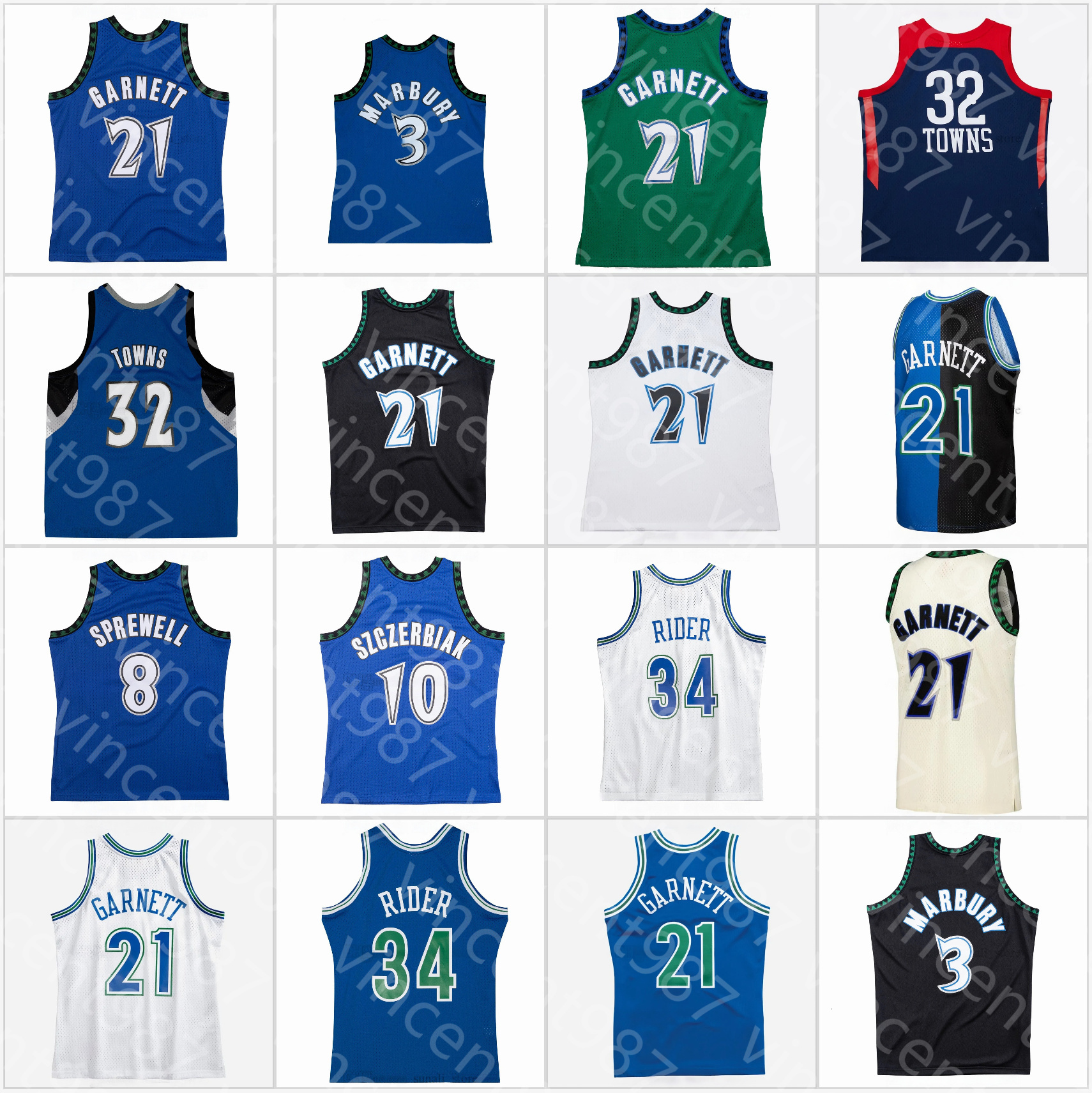 Retro Mans Basketball Jerseys Kevin 21 Garnett Stephon 3 Marbury Latrell 8 Sprewell Wally 10 Szczerbiak 32 Towns Isaiah 34 Rider Jr Vintage Stitched