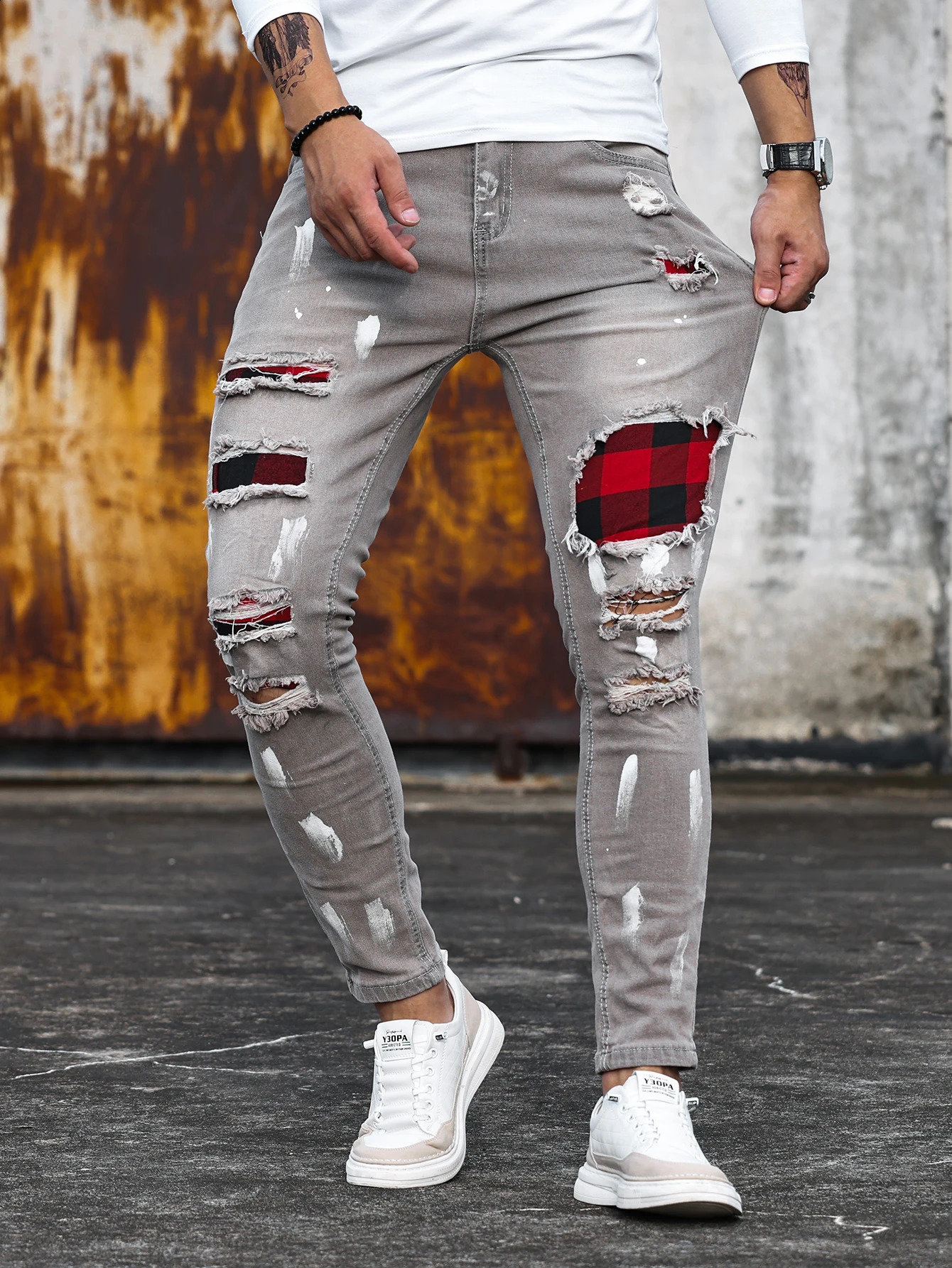 2025 Jeans Pencil Pants Holes Distressed Men Streetwear Denims Patchwork Slim Fit Washed Denim Ankle Length Trousers 260613