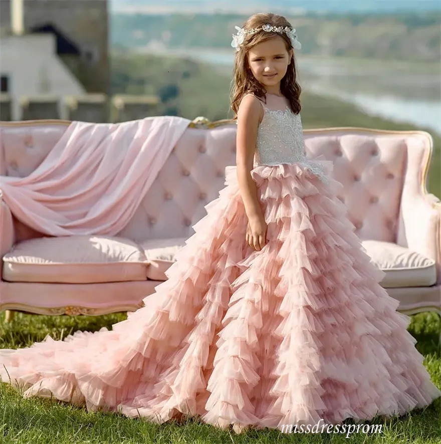 Blush Pink Flower Dresses Ruffles Skirt Ballgown Long Train Little Girls Birthday Party Dress Sleeveless Lace Appliques Bodice