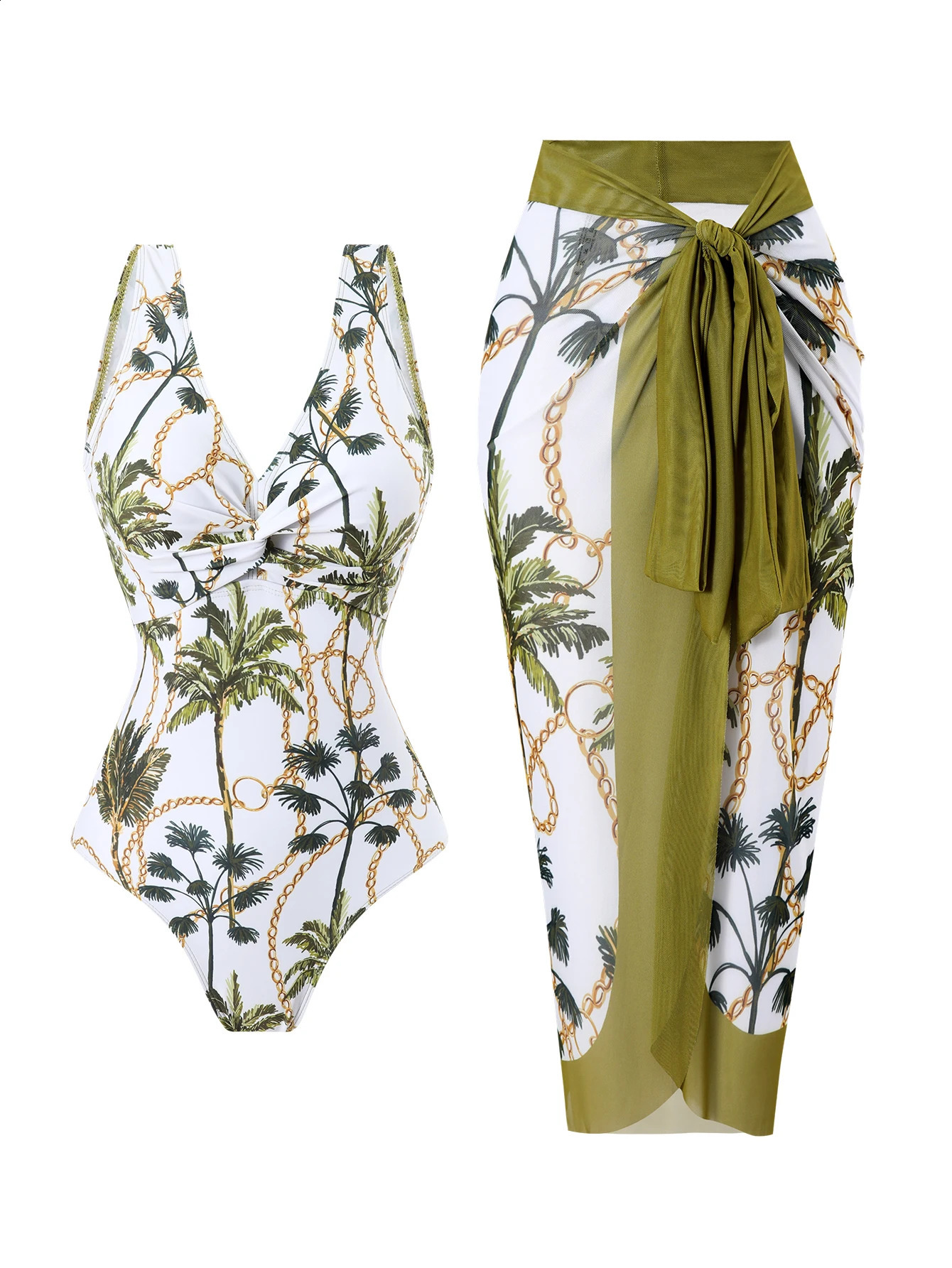 Womens One-Piece Swimsuit Set with Coconut Tree Print V-Neck One-Piece Swimsuit and Sun Skirt Womens Half-Length Mesh Apron Wrap Beach Swimwear 2606