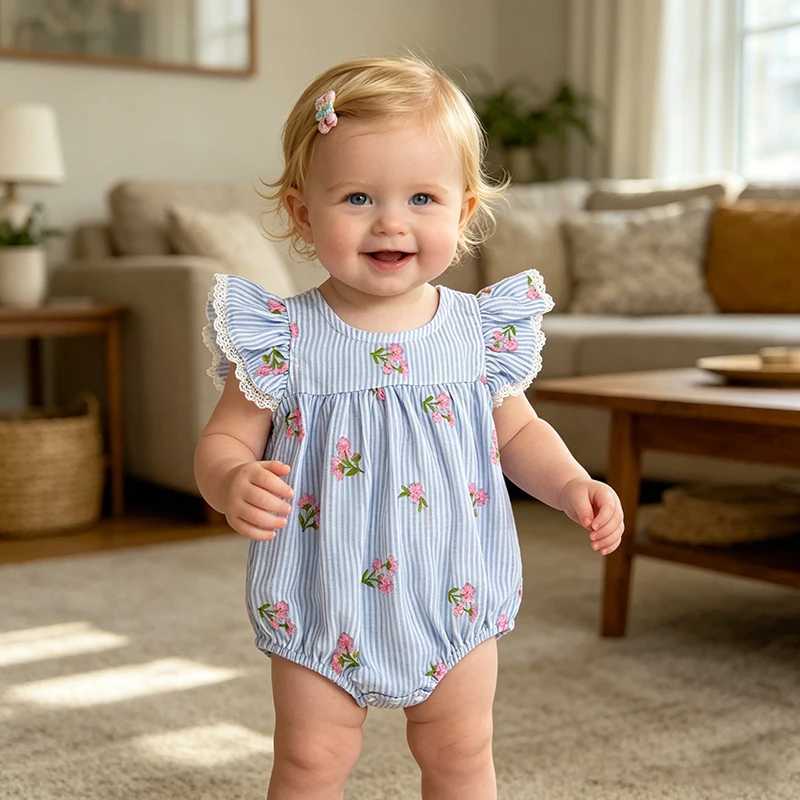 2026 New Summer 0-24M Toddler Baby Girls Flying Sleeve Cotton Striped Jumpsuit Floral Patterns Western Baby Girl Blue Romper Y260625UCGJ