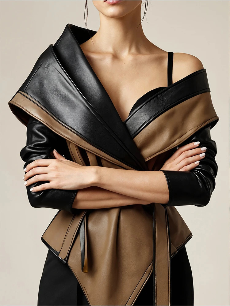 PU Faux Leather Jacket for Womens One Shoulder Splice Irregular Hem Long Sleeve Leather Coat Casual Vintage Y2K Outerwear 260625