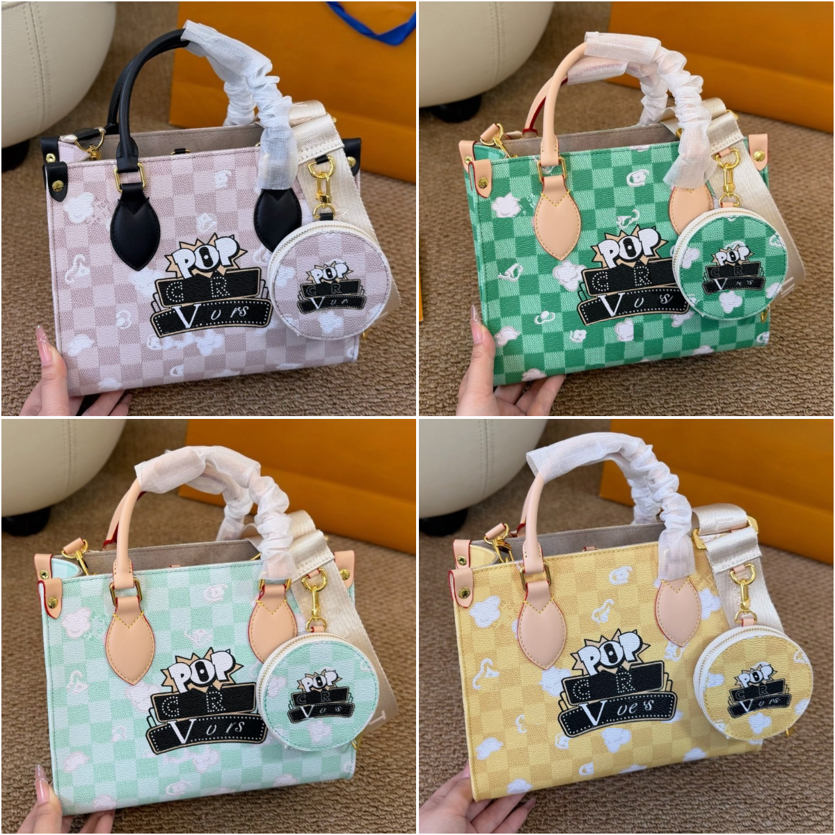 Light Luxury Designer Checkerboard Cloud Print Womens Handbag Tote Bag Carrying Handle Crossbody Small Bag Sweet Durable Gift Bag Girls Suitable Cas