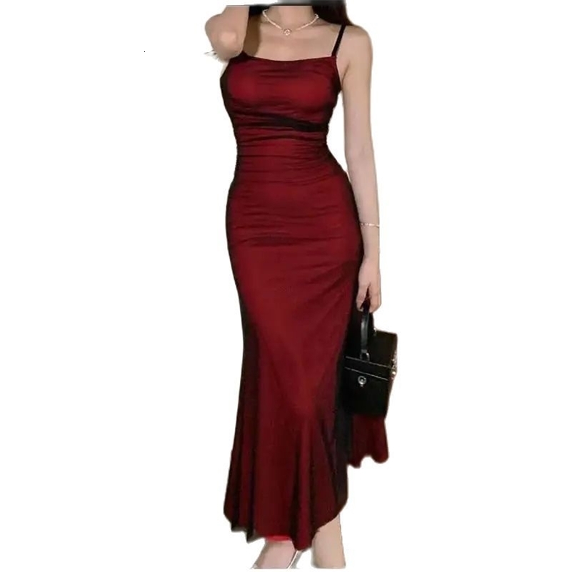 French Womens Sleeveless Bodycon Corset Maxi Dress Wine Red Spaghetti Strap Ruched Elegant Evening Party Long Vintage Dresses 260625