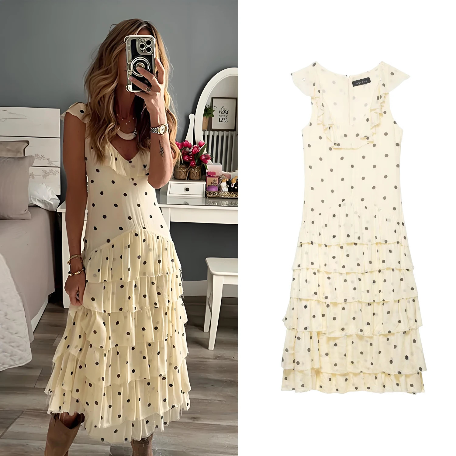 Women Elegant Backless Sleeve Layered Dress Summer Female Ruffle Polka Dot Sling Dress Lady Holiday Chic Party Vestidos Dres 260625