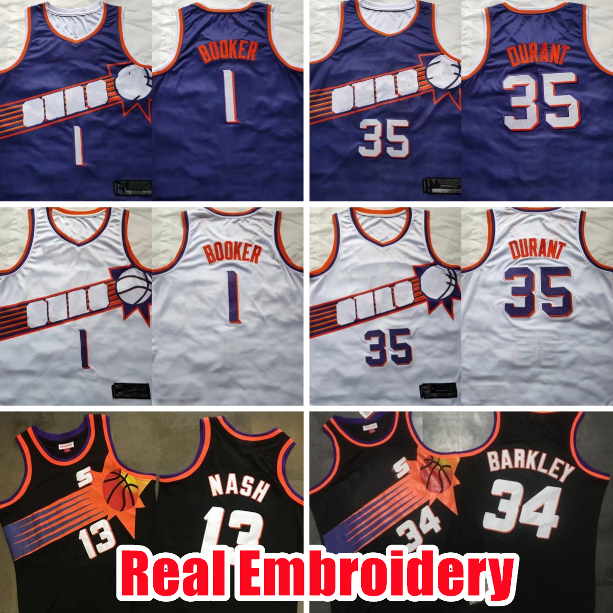 rare Real Stitched Basketball Jerseys 35 Kevin Durant 1 Devin Booker Steve Nash 1996-97 Charles Barkley 1992-93 Embroidery Authentic 1997-98 Stitche