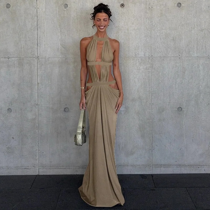 Womens Halter O-Neck Sleeveless Backless Hollow Out Sparkling Webbing High Waist Sexy Long Dress Solid Color 260625