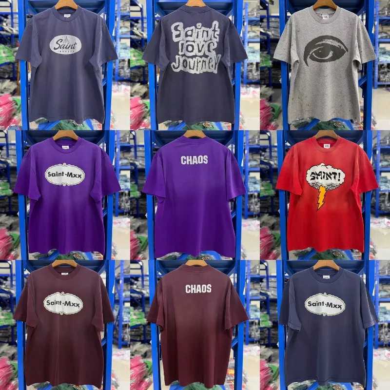 26SS New Summer Round Neck Street Lashion Mens Womens Saint Short Sleeved American Retro Washed Top Tee T260622