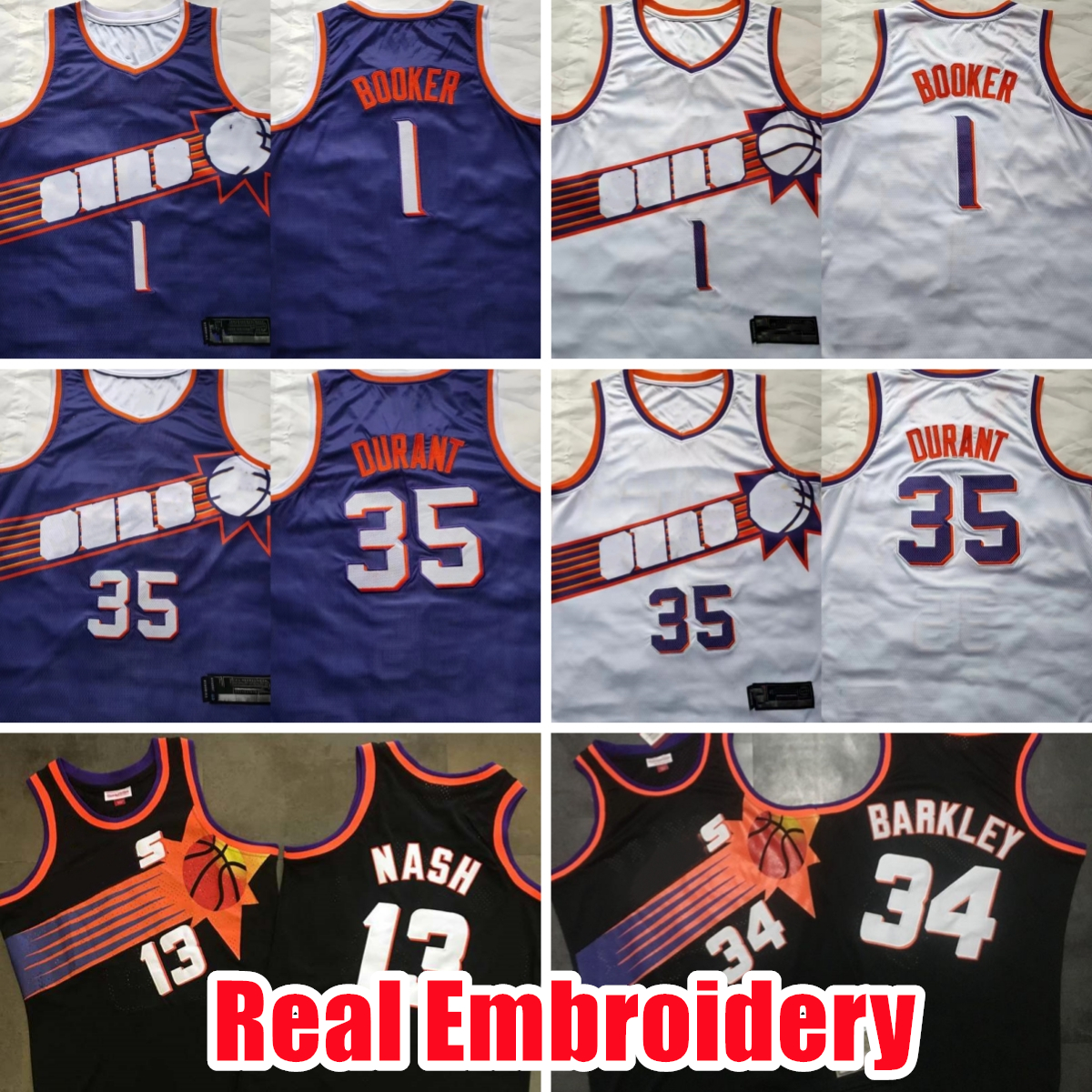 Retro Real Stitched Basketball Jerseys 35 Kevin Durant 1 Devin Booker 13 Steve Nash 1996-97 34 Charles Barkley Embroidery Authentic 1997-98 Stitched