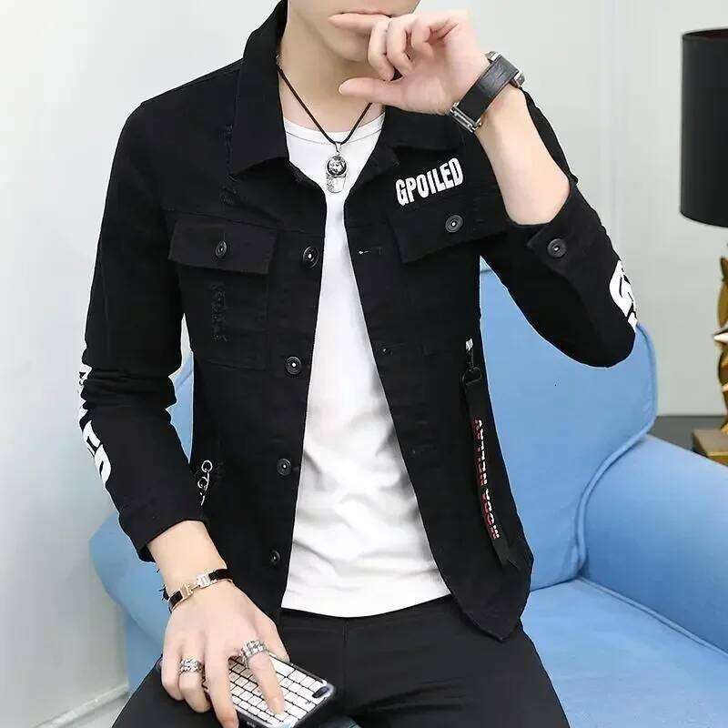 Denim Jackets Man Casual Slim Short Jeans Coat for Men Ripped with Hole Red Print Vintage Winter 2025 Big Size of Fabric Joker L W260626