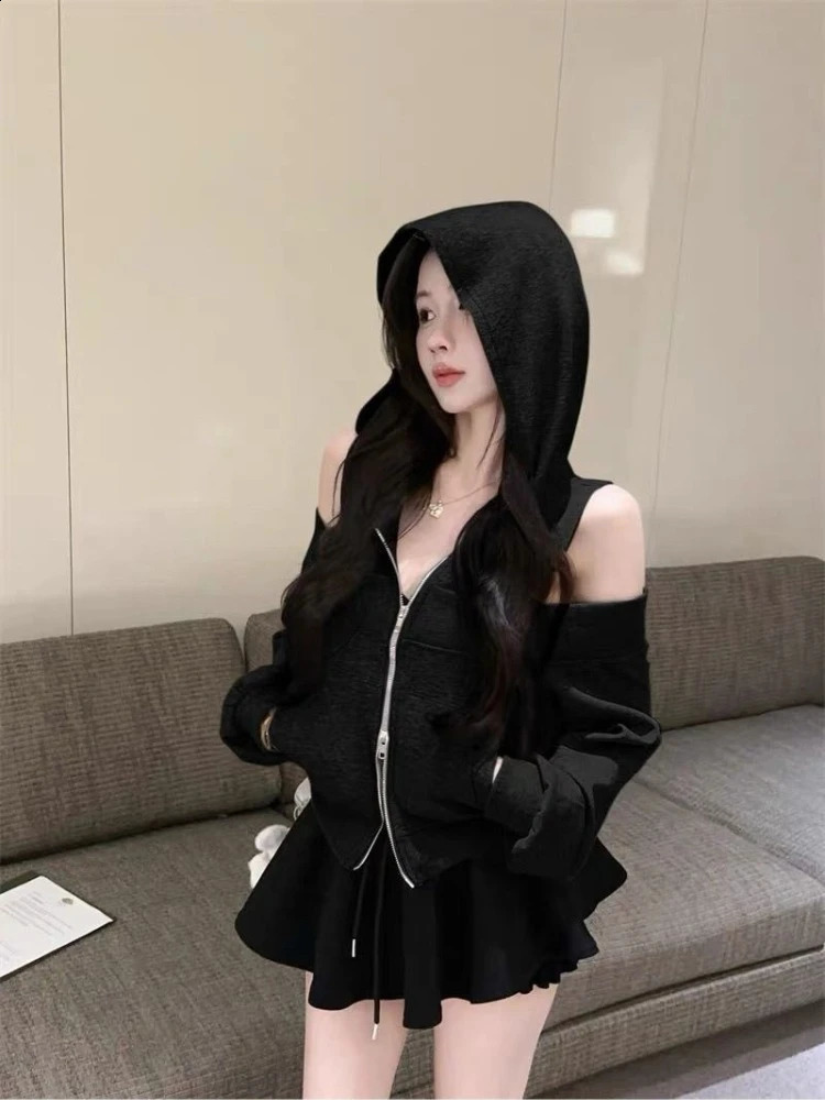 Y2k American Vintage Zip Up Hoodies 2000s Long Sleeve Subculture Hooded Sweatshirt Gothic Girl Short Slim Autumn Coat Chic 260624