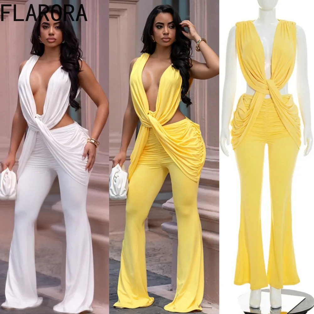 FLARORA Sexy Cross Knot Ruched Flare Jumpsuits Woman Chic Deep V Sleeveless Backless Peach Hip Skinny Playsuits Party Clubwear 260626