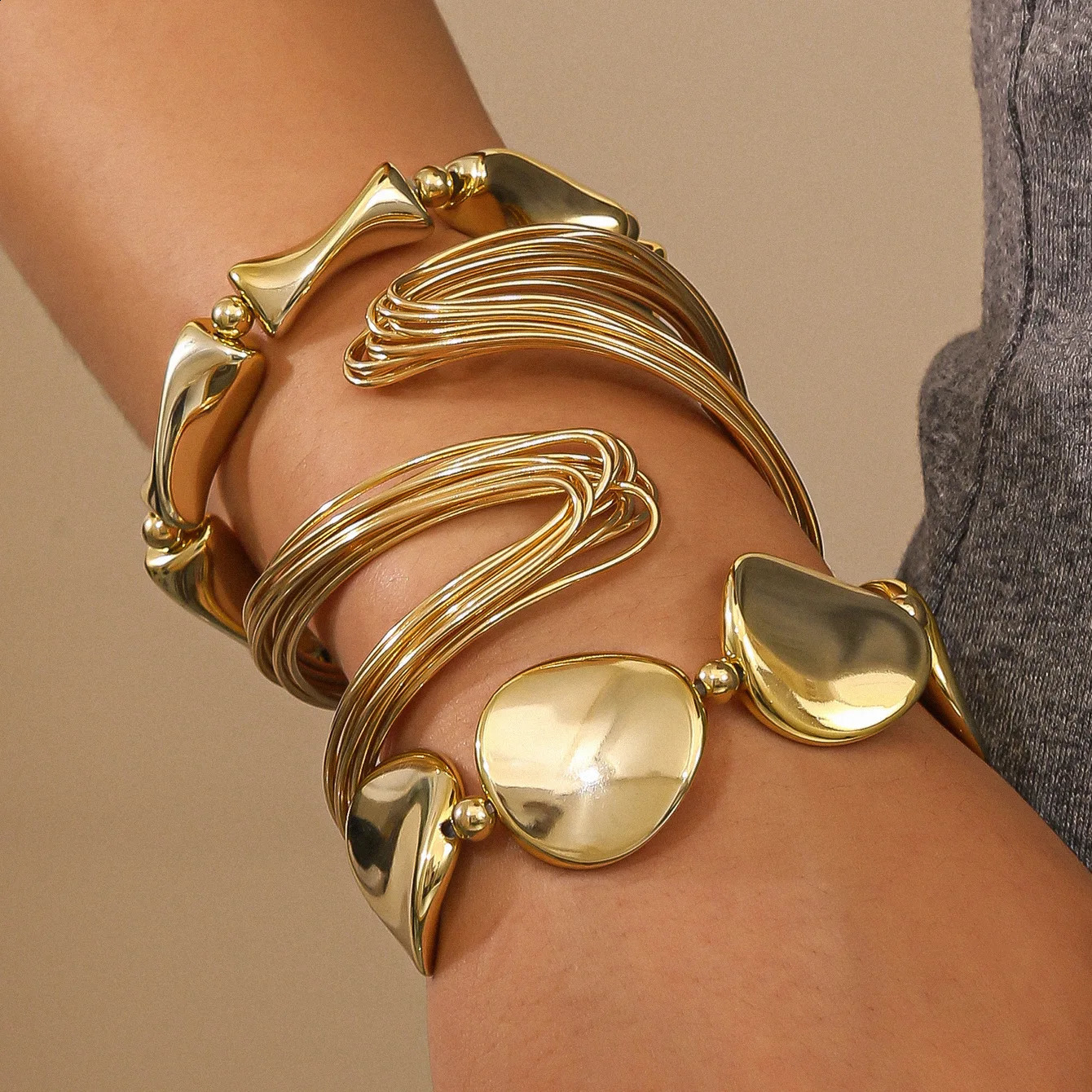 3 Pcsset Geometric Twisted Lines Irregular Shaped Open Cuff Bracelet and Bangle Set for Women Punk Exaggerated Style Accessor 260623